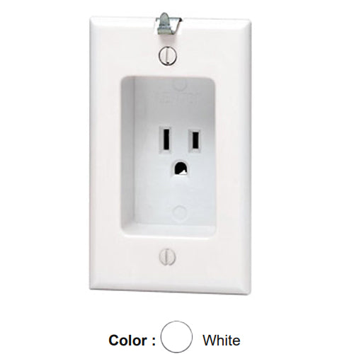 Leviton 688-W, 1-Gang Recessed Straight Blade Single Receptacle with Clock Hanger Hook, Residential Grade, 15A 125V, NEMA 5-15R, 2-Pole, 3-Wire, Side Wire Only, White