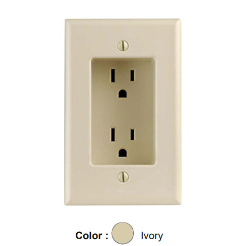 Leviton 689-I, 1-Gang Recessed Straight Blade Duplex Receptacle with Screws Mounted To Housing, Residential Grade, 15A 125V, NEMA 5-15R, 2-Pole, 3-Wire, Side Wire Only, Ivory