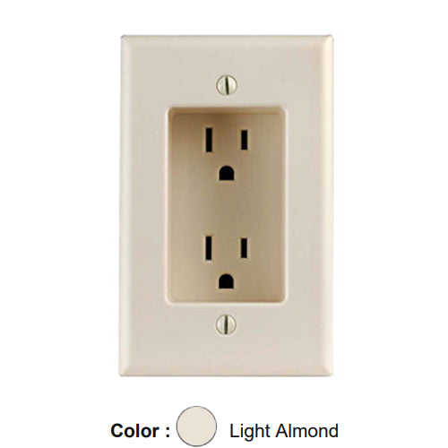 Leviton 689-T, 1-Gang Recessed Straight Blade Duplex Receptacle with Screws Mounted To Housing, Residential Grade, 15A 125V, NEMA 5-15R, 2-Pole, 3-Wire, Side Wire Only, Light Almond