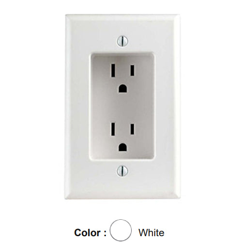 Leviton 689-W, 1-Gang Recessed Straight Blade Duplex Receptacle with Screws Mounted To Housing, Residential Grade, 15A 125V, NEMA 5-15R, 2-Pole, 3-Wire, Side Wire Only, White