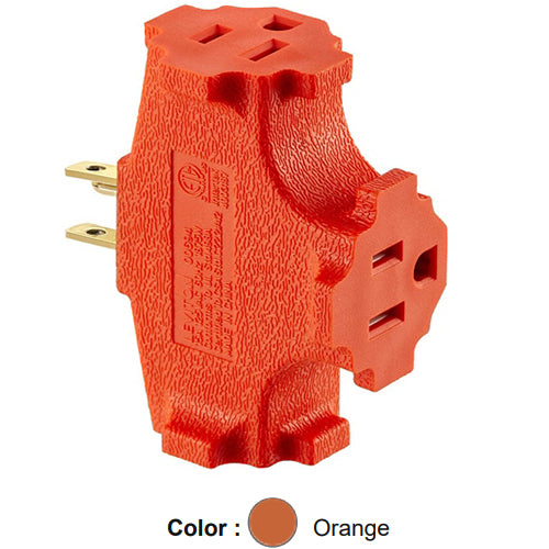 Leviton 694, Single-to-Triple Adapter, 3 Straight Plugs Accepted, 15 Amp, 125 Volt, NEMA 5-15R, 2-Pole, 3-Wire, Grounded, Orange