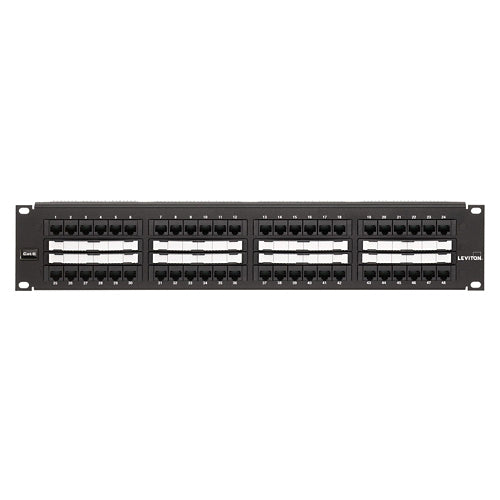 Leviton 69586-C48, Cat 6 Flat 110-Style Patch Panel, Central Labeling, 48-Port, 2RU, Cable Management Bar Included, Black