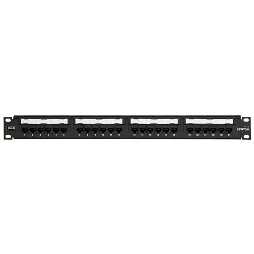 Leviton 69586-U24, Cat 6 Flat 110-Style Patch Panel, 24-Port, 1RU, Cable Management Bar Included, Black