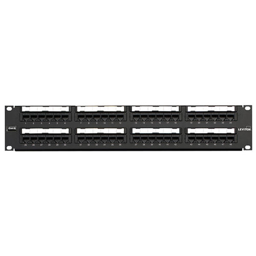 Leviton 69586-U48, Cat 6 Flat 110-Style Patch Panel, 48-Port, 2RU, Cable Management Bar Included, Black