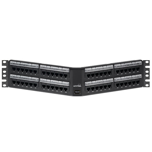 Leviton 69587-L48, Cat 6 Angled 110-Style Patch Panel with Magnifying Lens Label Holder, 48-Port, 2RU, Black