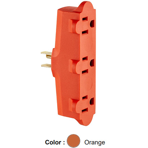 Leviton 699, Single-to-Triple Adapter, Vinyl, 3 Straight or Angle Plugs Accepted, 15 Amp, 125 Volt, NEMA 5-15P, 2-Pole, 3-Wire, Grounded, Orange