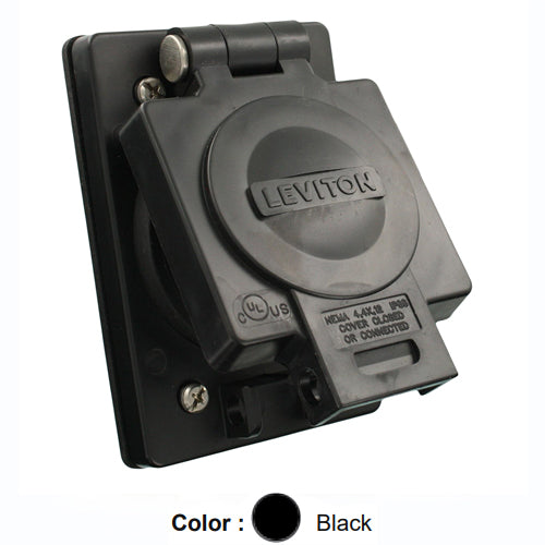 Leviton 69W81-B, Wetguard Watertight Flip Lid Single Locking Flush Mounting Receptacle, Industrial Grade, 3-Phase Y, 30A 120/208V, NEMA L21-30R, 4-Pole, 5-Wire, Grounding, Black