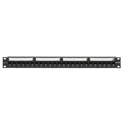 Leviton 6A586-U24, Cat 6A Flat 110-Style Patch Panel, Magnifying Lens Label Holder, 24-Port, 1RU, Cable Management Bar Included, Black