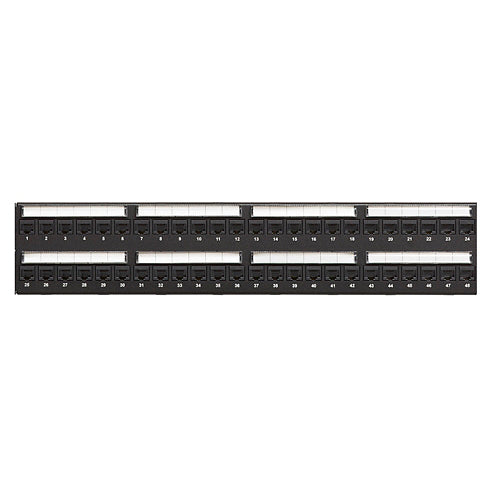 Leviton 6A586-U48, Cat 6A Flat 110-Style Patch Panel, Magnifying Lens Label Holder, 48-Port, 2RU, Cable Management Bar Included, Black