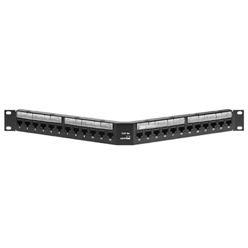 Leviton 6A587-U24, Cat 6A Angled 110-Style Patch Panel, Magnifying Lens Holder, 24-Port, 1RU, Black