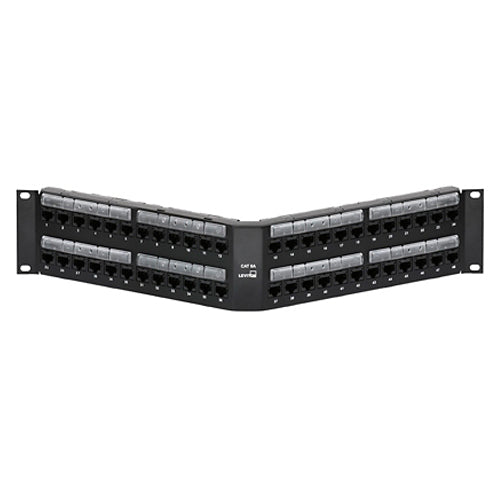 Leviton 6A587-U48, Cat 6A Angled 110-Style Patch Panel, Magnifying Lens Holder, 48-Port, 2RU, Black