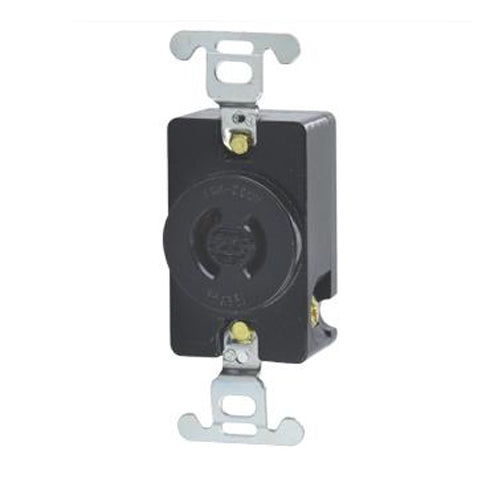 Leviton 7210-B, Locking Single Flush Receptacle, 20 Amp, 250 Volt, NEMA L2-20R, 2-Pole, 2-Wire, Non-Grounding, Black