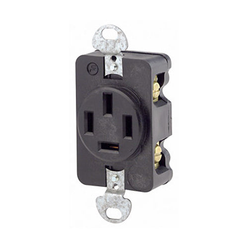 Leviton 7250-FR, Straight Blade Flush Mount Receptacle, Industrial Grade, 3-Phase, 20A 120/208V, NEMA 18-20R, 4-Pole, 4-Wire, Non-Grounding, Side Wire, Steel Strap, Black