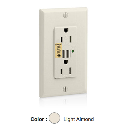 Leviton 7280-T, Decora Plus Surge Protective Duplex Receptacle, Commercial Specification Grade, Audible Alarm, Indicator Light, 15A 125V, NEMA 5-15R, 2-Pole, 3-Wire, Back and Side Wire, Light Almond