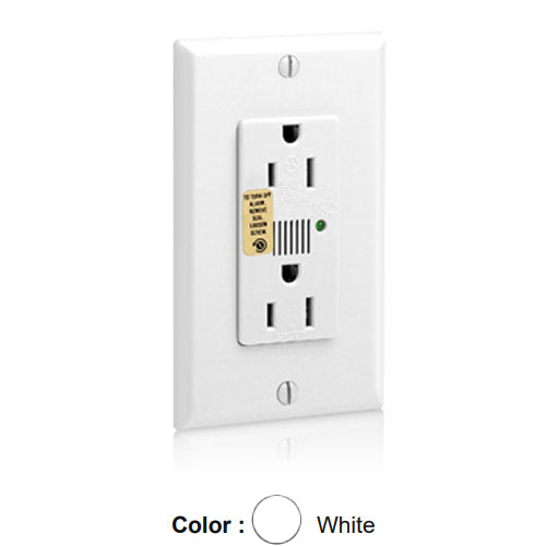 Leviton 7280-W, Decora Plus Surge Protective Duplex Receptacle, Commercial Specification Grade, Audible Alarm, Indicator Light, 15A 125V, NEMA 5-15R, 2-Pole, 3-Wire, Back and Side Wire, White