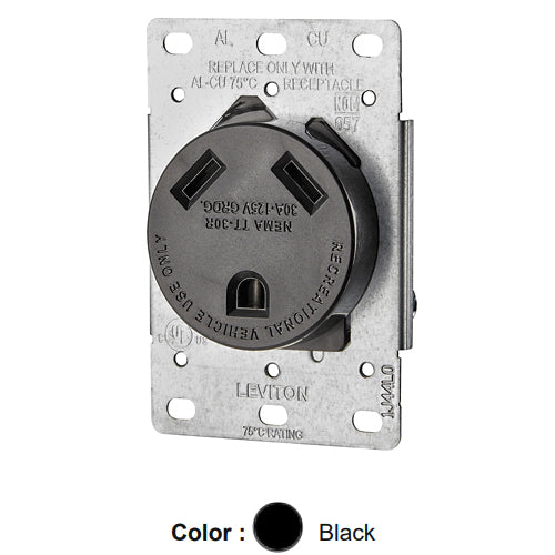 Leviton 7313-S00, Straight Blade Flush Mount Receptacle for Recreation Vehicles, 30A 125V, NEMA TT-30R, 2-Pole, 3-Wire, Grounding, Black