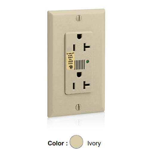 Leviton 7380-I, Decora Plus Surge Protective Duplex Receptacle, Commercial Specification Grade, Audible Alarm, Indicator Light, 20A 125V, NEMA 5-20R, 2-Pole, 3-Wire, Back and Side Wire, Ivory