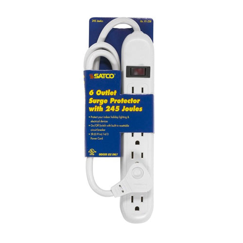 Satco 91-220, 3 Foot Cord 6 Outlet Standard Surge Strip With Flat Plug, 14/3 SJT, Indoor Use Only, 245 Joules, 15A-125V, 1875W