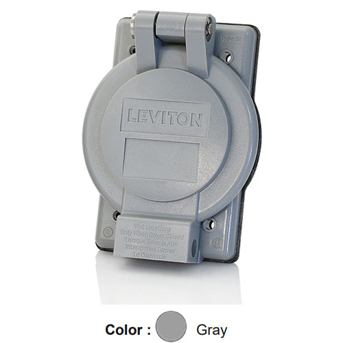 Leviton 7420-G, 1-Gang Weatherproof Cover for Strap Mount Single Locking Receptacles, 1.60 Inch Diameter, FS/FD Box Mount, Industrial Grade, IP64, NEMA 3R, Vertical Self Closing Lid, Gray
