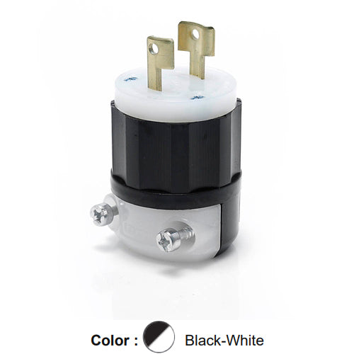Leviton 7545-C, Locking Plug, Industrial Grade, 15 Amp, 125 Volt, NEMA L1-15P, 2-Pole, 2-Wire, Non-Grounding, Black/White