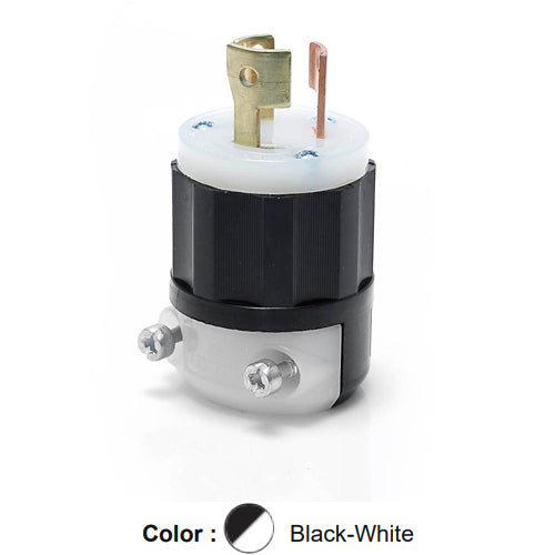Leviton 7567-C, Locking Plug, Industrial Grade, 15/10A 125/250V, Non-NEMA, 3-Pole, 3-Wire, Non-Grounding, Black/White
