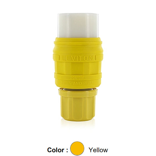 Leviton 76W08-C, Wetguard Watertight Locking Connector for Single Inlet, Industrial Grade, 20A 125/250V, Non-NEMA, 3-Pole, 3-Wire, Non-Grounding, Yellow