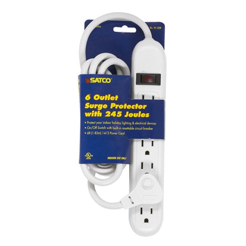 Satco 91-229, 6 Foot Cord, 6 Outlet Standard Surge Strip With Flat Plug, 14/3 SJT, Indoor Use Only, 245 Joules, 15A-125V, 1875W