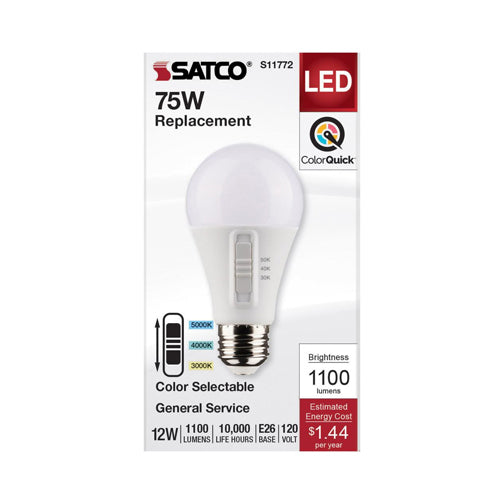 Satco S11772, A19 LED, 120V, 12W, 3000K/4000K/5000K, 1100 Lumens, Medium E26 Base, 90 CRI, 24 Packs