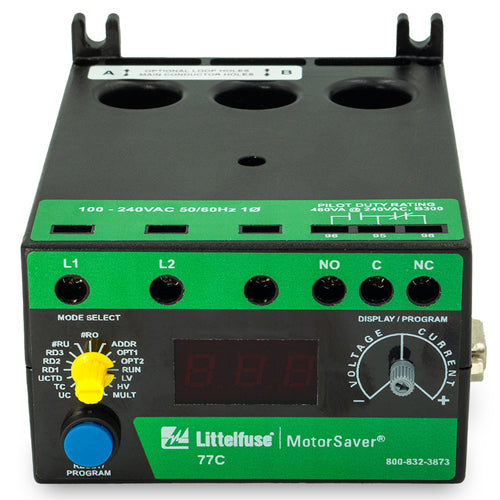 Littelfuse 77C, 77C Series, Single-Phase Current & Voltage Monitor, 100-240VAC, 2-800A (external CTs required above 90A), Provides 480VA @ 240 V ac output SPDT relay contacts