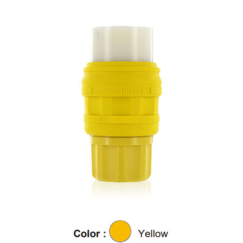 Leviton 78W82-C, Wetguard Watertight Locking Connector for Single Inlet, Industrial Grade, 3-Phase Y, 30A 277/480V, NEMA L22-30R, 4-Pole, 5-Wire, Grounding, Yellow