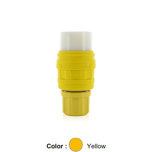 Leviton 79W48-C, Wetguard Watertight Straight Blade Connector for Single Inlet, Industrial Grade, 20A 250V, NEMA 6-20R, 2-Pole, 3-Wire, Grounding, Yellow