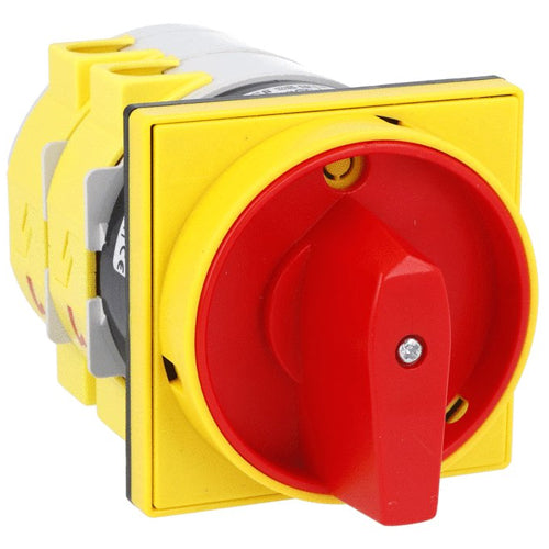 Lovato 7GN12592U65, Rotary Cam Switch 7GN Series, ON-OFF Switch, 4 Poles 125A, For Front Mounting with Red/Yellow Handle Padlockable in 0 and Protection Covers, Front Plate 90x90mm