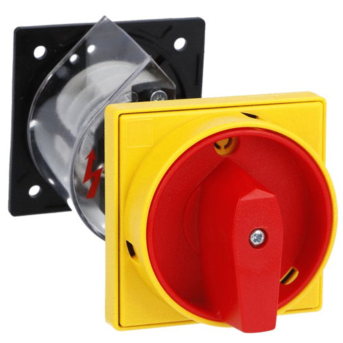 Lovato 7GN1292O88, Rotary Cam Switch 7GN Series, ON-OFF Switch, 4 Poles 16A, For Rear Mounting with Red/Yellow Handle Padlockable In 0, Door Coupling and Protection Covers, Front Plate 65x65mm