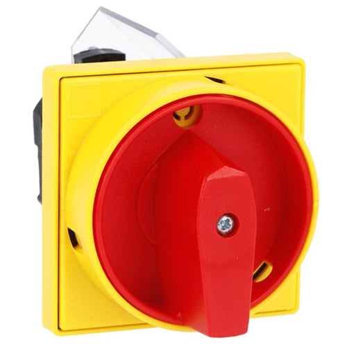 Lovato 7GN2092U25, Rotary Cam Switch 7GN Series, ON-OFF Switch, 4 Poles 20A, For Front Mounting with Red/Yellow Handle Padlockable in 0 and Protection Covers, Front Plate 65X65mm