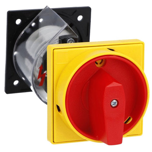 Lovato 7GN2010O88, Rotary Cam Switch 7GN Series, ON-OFF Switch 3 Poles 20A, For Rear Mounting with Red/Yellow Handle Padlockable in 0, Door Coupling and Protection Covers, Front Plate 65X65mm