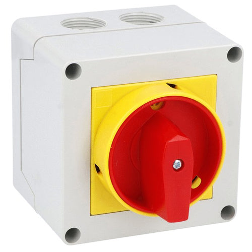 Lovato 7GN2010P25, Enclosed Rotary Cam Switch 7GN Series, ON-OFF Switch 3 Poles 20A in Plastic Enclosure 90X90mm with Red/Yellow Handle