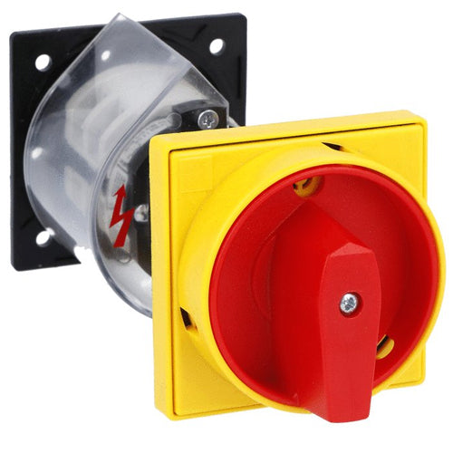 Lovato 7GN2592O88, Rotary Cam Switch 7GN Series, ON-OFF Switch 4 Poles 25A, For Rear Mounting with Red/Yellow Handle Padlockable in 0, Door Coupling and Protection Covers, Front Plate 65X65mm