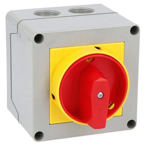 Lovato 7GN2592P25, Enclosed Rotary Cam Switch 7GN Series, ON-OFF Switch 4 Poles 25A in Plastic Enclosure 90X90mm with Red/Yellow Handle