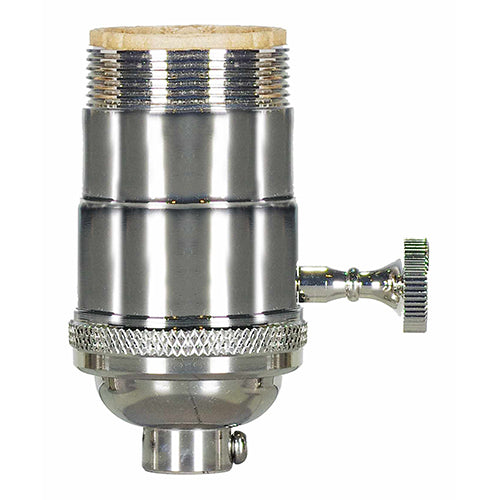 Satco 80-1049, 3 Way (2 Circuit) Turn Knob Socket w/Matching Finish Removable Knob, 1/8 IPS Cap, 250W, 250V, With Set Screw, Polished Nickel Finish, Uno Thread