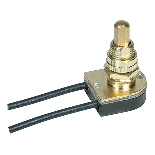 Satco 80-1126, On-Off Metal Push Switch, 5/8" Metal Bushing, Single Circuit, 3A-250V/6A-125V, Brass Finish