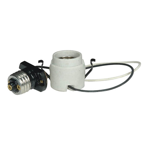 Satco 80-1212, Keyless Porcelain Socket with Adapter and Double Snap-In Clip, 660W, 250V, CSSNP Screw Shell, White Finish