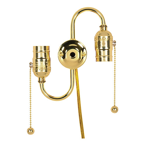 Satco 80-1268, Steel "S" Cluster with Twin Pull Brite Gilt Chain and End Ball, 1/8 IP Top and 1/8 IP Bottom, 660W, 250V, 7" Centers, Bright Gilt Finish
