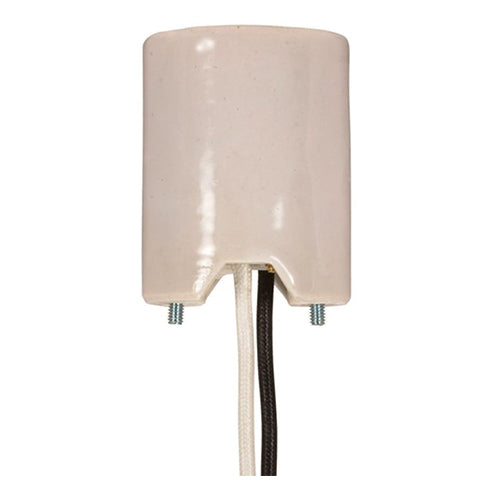 Satco 80-1376, Keyless Porcelain Mogul Socket with Mounting Screws Held Captive, 2 Wireways, 1/2'' Strip Leads, 1500W, 600V, Glazed Cream Finish