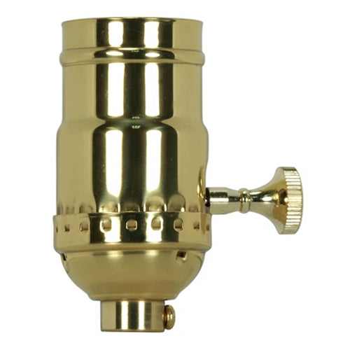 Satco 80-1428, 3 Terminal (2 Circuit) Turn Knob Socket w/Removable Knob, 1/8 IPS Cap, 250W, 250V, Polished Brass Finish
