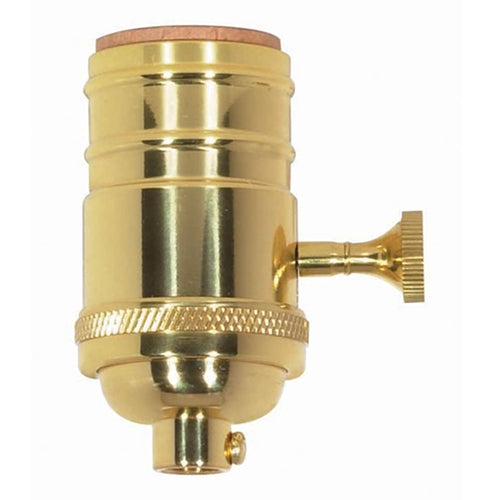 Satco 80-1430, 3 Terminal (2 Circuit) Turn Knob Socket W/Matching Finish Removable Knob, 1/8 IPS Cap, 250W, 250V, Polished Brass Finish