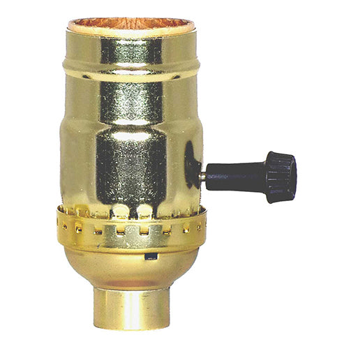 Satco 80-1501, 3 Terminal (2 Circuit) Turn Knob Socket With Removable Knobs, 1/4 IPS Cap, 250W, 250V, Less Set Screw, Brite Gilt Finish