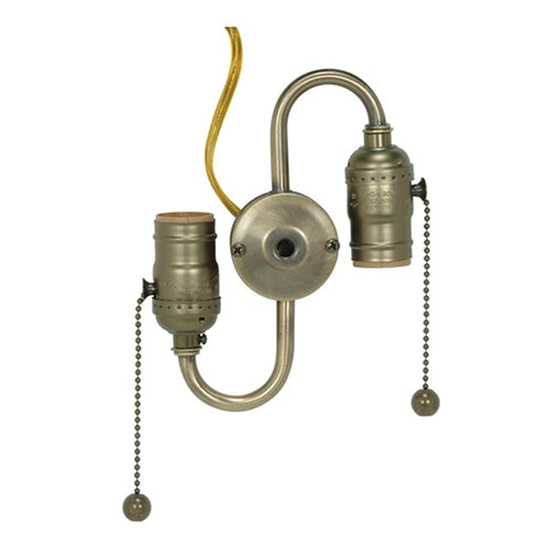 Satco 80-1525, Steel "S" Cluster Socket with Clear Gold Wire, 250W, 250V, Pull Chain and End Ball Terminal, Antique Brass Finish