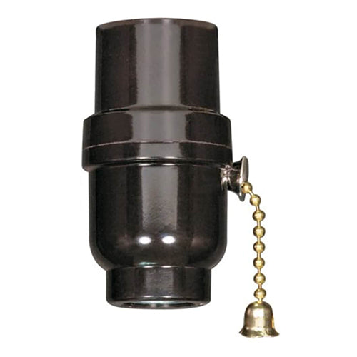 Satco 80-1638, 3-Way Pull Chain Socket with Metal Bushing, 1/8 IPS Cap, 660W, 250V, Less Set Screw, Brass Finish