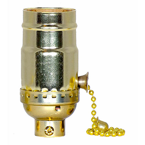 Satco 80-1672, 3 Position Pull Chain Socket with Diode Low, 1/8 IPS Cap, 150W, 120V, With Set Screw, Brite Gilt Finish