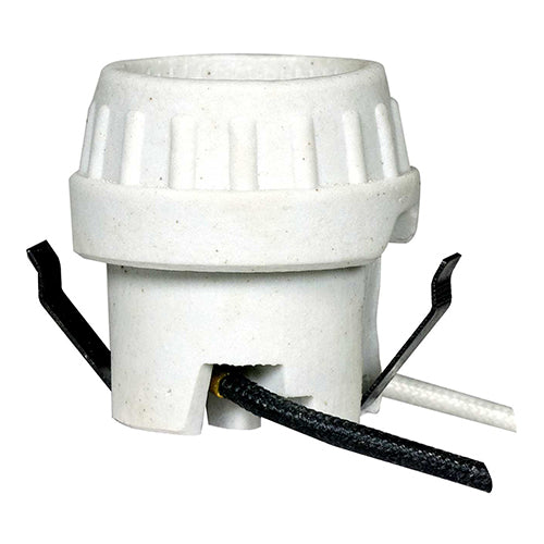 Satco 80-1691, Keyless Porcelain Socket With Double Snap-In Clip, High Temperature Leads, Double Clip, 660W, 250V, CSSNP Screw Shell, White Finish